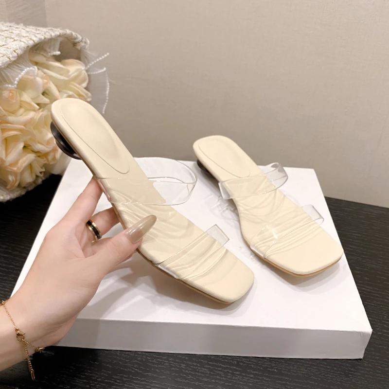2024 Модные однотонные летние женские тапочки с неглубоким носком и высоким каблуком, женские тапочки, прозрачные сандалии