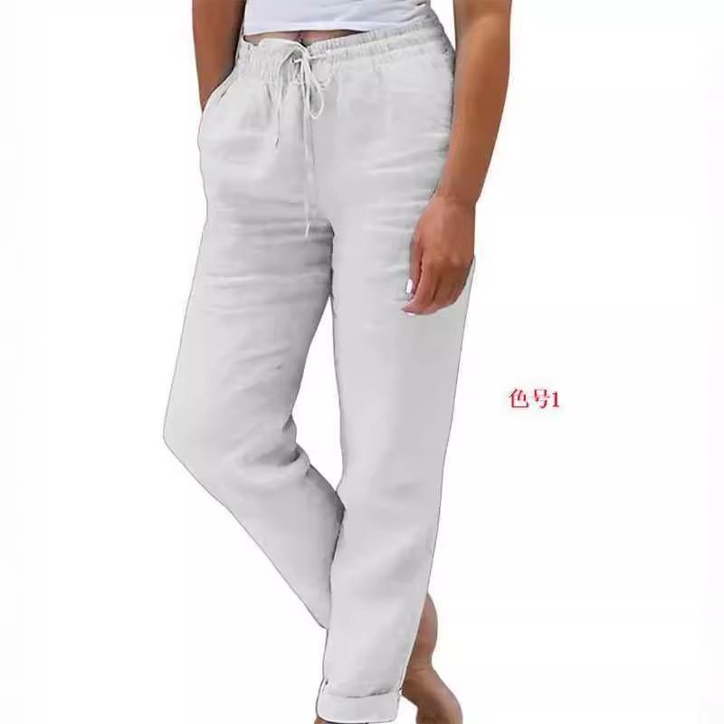 Womens Cotton Linen Wide Leg Pants Elastic Waist Loose Casual Trousers Daily Wear