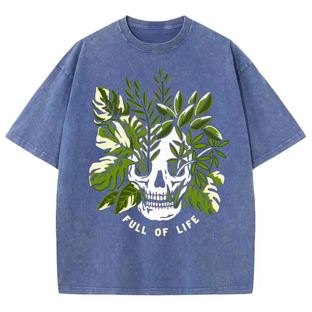 Парные футболки Свободные Оверсайз Футболки из вареного денима Принт с черепом и ботаническим мотивом Повседневный шик Унисекс Футболка с коротким рукавом Винтаж