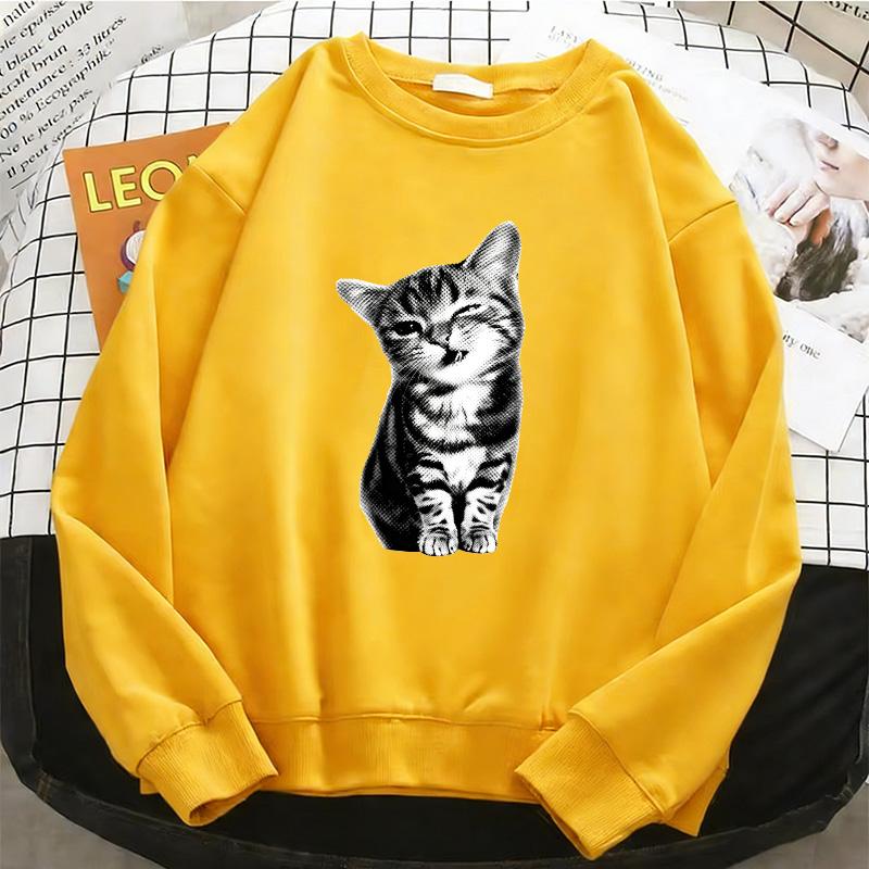 Fun Cat Diagram Print Pullovers Autumn Basics Sweatshirt Loose Street Women Clothing Fashion Oversize Long Sleeved Crew Neck Pullover