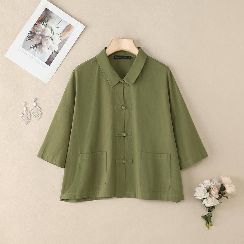 ZANZEA Женская летняя блузка из хлопка с отложным воротником, свободного кроя, с рукавом до локтя