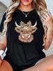 Plus Size, Women's Plus Size T-Shirt - Cute Highland Cow & Leopard Print Bow Graphic - Soft Crew Nec