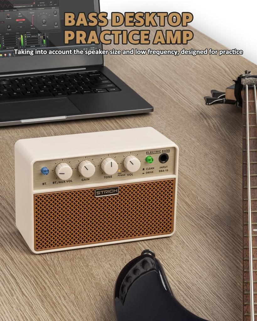 STRICH Mini Bass Amplifier, 5W x 2, Portable, with Wireless Connectivity, Clean & Drive Channels, for Electric Bass, SBA-10