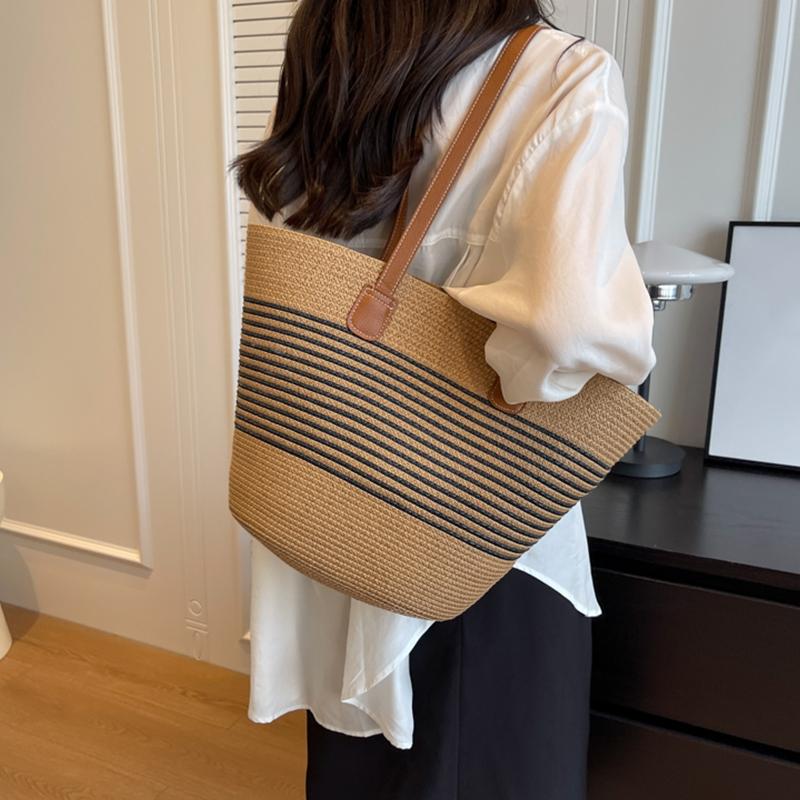 Women Fashion Striped Summer Beach Straw Knitting Shoulder Bag Hollow Out Handwoven Handbags Portable Large Capacity Casual Tote AVE