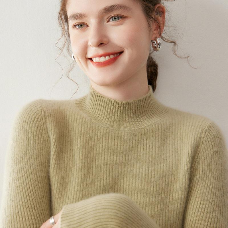Women's Cashmere Solid Color Half-High Neck Sweater – Thick Knit, Slim Fit, Versatile Autumn/Winter Base Layer Top