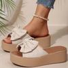 Fashion Elegant Bow Knot Women's Chunky Platform Slippers Summer Non Slip Open Toe Sandal Woman Plus Size Flock Thick Bottom Slides Lady