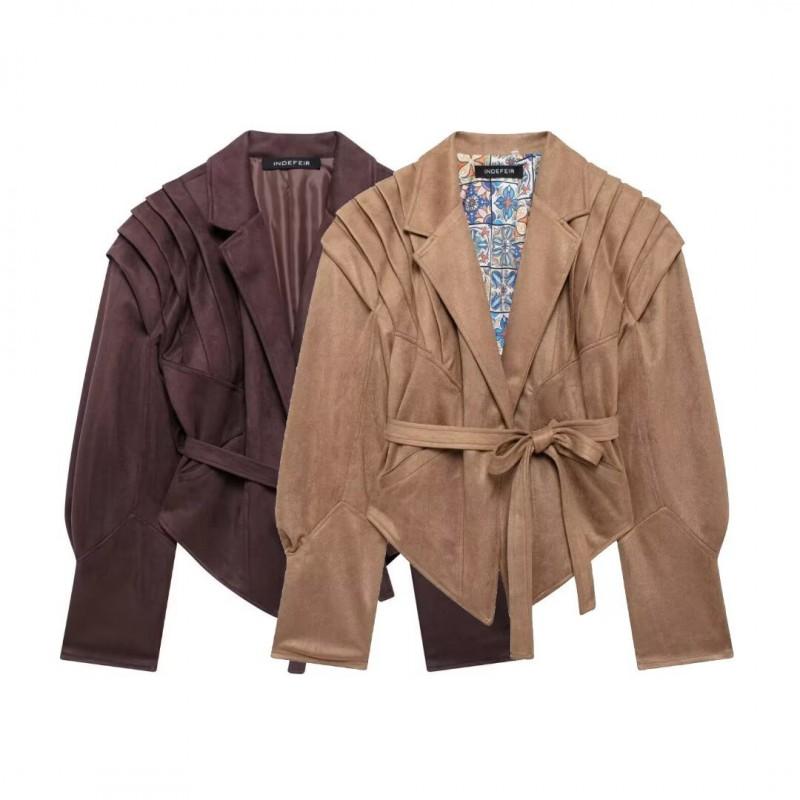 Womens Vintage Suede Jacket Slim Fit Lace Up Waist Casual Street Style Outerwear