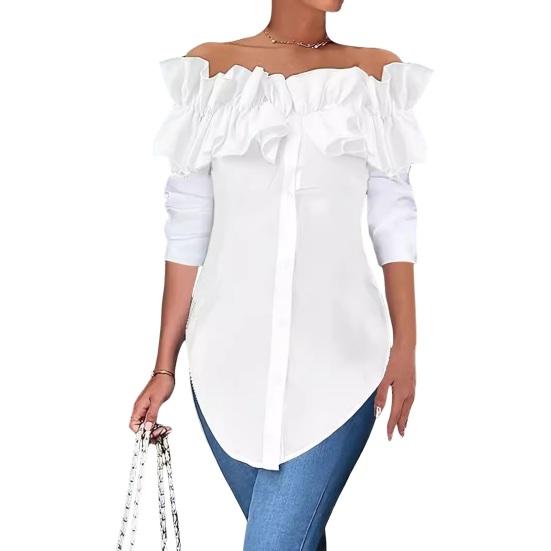 Женская рубашка с открытыми плечами, оборками и длинными рукавами, однотонная однобортная повседневная рубашка