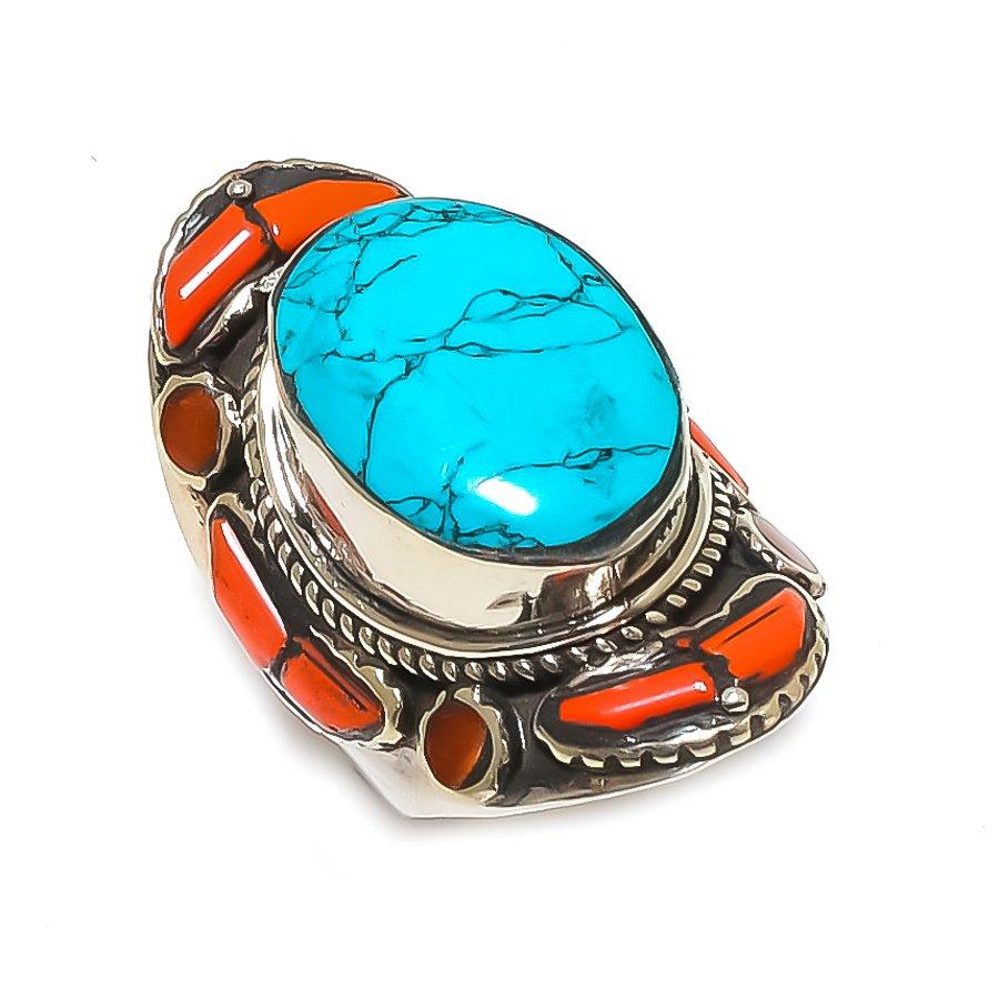 Натуральная тибетская бирюза, коралловый драгоценный камень, кольцо ручной работы, размер 10 o0J24
