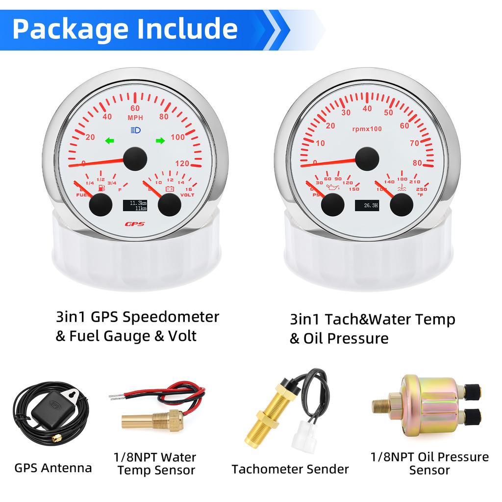 Комплект приборов 3 в 1 с датчиком 1/8NPT для автомобиля, лодки, грузовика, 8 тыс. об./мин, тахометр, GPS, спидометр с антенной, вольтметр, датчик температуры воды