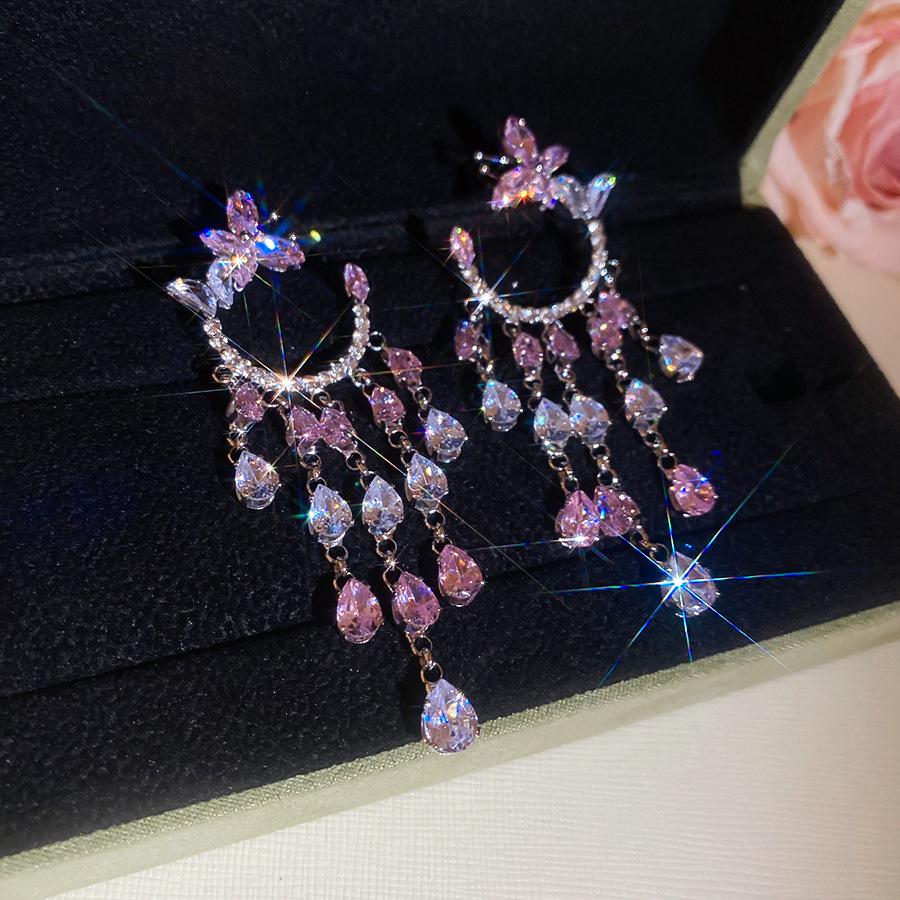 Серьги-пусеты «Серебряная игла» с вырезами в виде розовых бабочек и цирконами - Высококачественная роскошная модная бижутерия