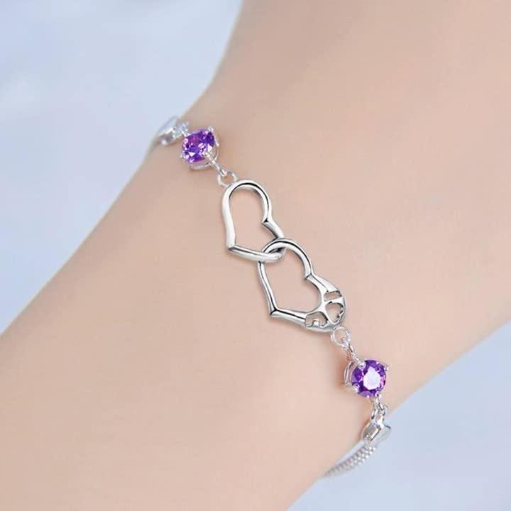 Double Heart Shape Cubic Zirconia Charm Bracelet, Love Bracelet for Women & Girls, Valentine Day Gift