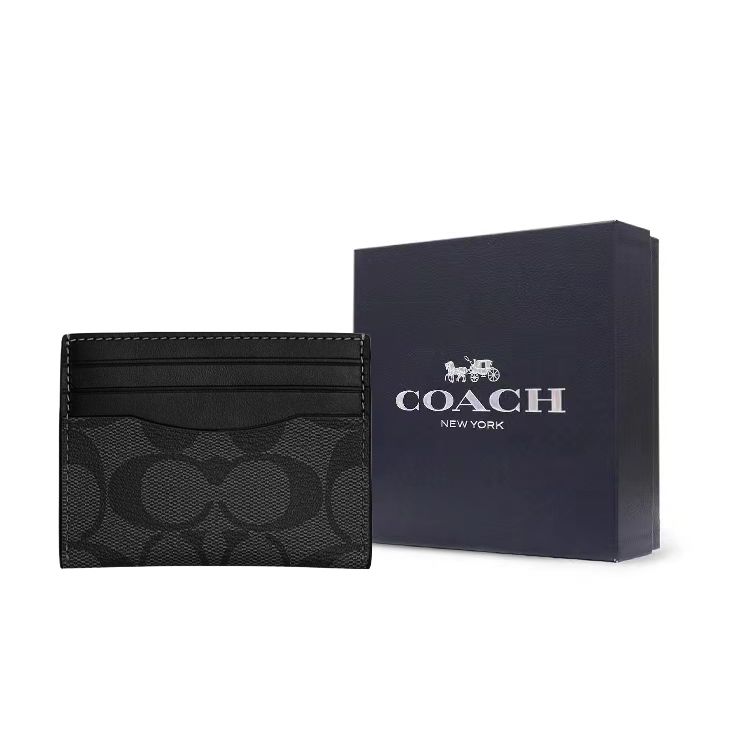Coach Визитница 10 Классический Монограммный Принт Три Слота для Кредитных Карт Покрытый Холст с Изысканной Телячьей Кожей Мужская Визитница Серый Черный CQ031-QBMI5
