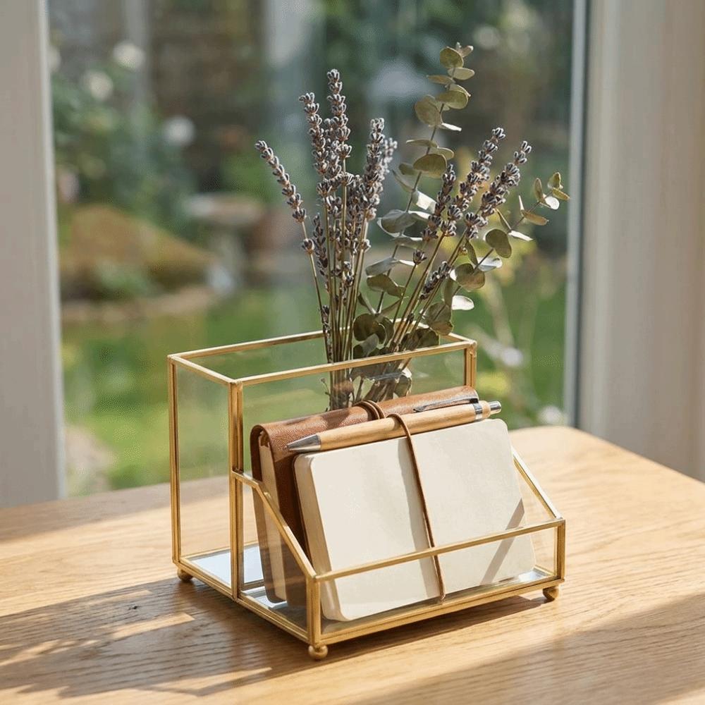 Creative Elegant Business Card Box Clear glass Business Card Holder Golden Edge Modern Display Stand Office