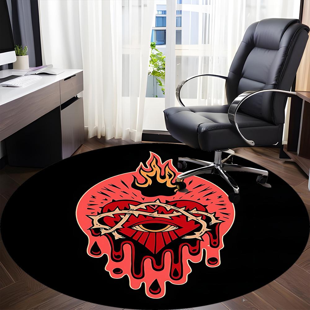 1pc Heart Flame Office Round Area Rug, Mat Suitable For Office, Under Office Chairs Bedroom Living Room Home Decor, Room Deco
