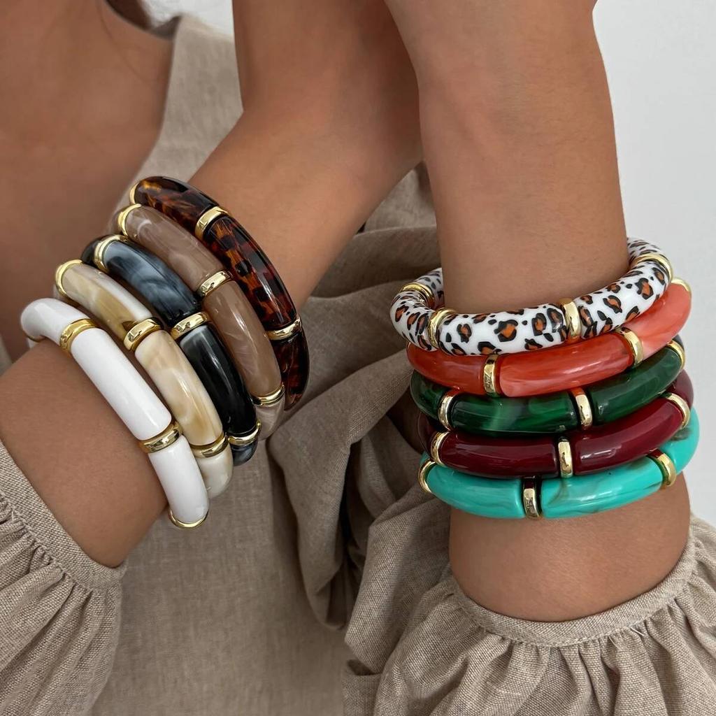 Ingemark 10 Colors Vintage Stackable Resin Bracelets Women Bohemian Round Tube Leopard Elastic Beaded Bangle New Jewelry Gift