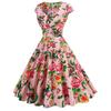 Women Dress Chinese Style Floral Print V Neck Short Sleeve Ethnic A-line Big Swing Tight High Waist Colorful Back Hidden Zipper Party Prom Midi Dress