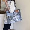 Spring and Summer New Retro Denim Contrasting Color Portable Shoulder Bag Large Capacity Tote Bag Shopping Bag Women's Bag