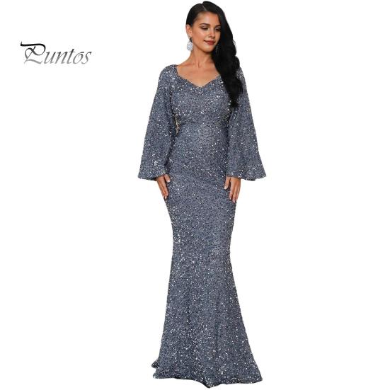 Женское вечернее платье с рукавами-колокольчиками, пайетками, А-силуэта, облегающего кроя, глубоким вырезом, V-образным вырезом, макси-платье со средней талией и застежкой-молнией сзади, выпускное платье