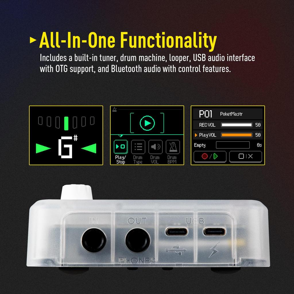 SONICAKE Pocket Master Portable Pedal with Amp IR Cabinet Stereo OTG USB Audio Rechargeable Multi-Effects 100+ Built-in Guitar/Bass/Acoustic Effects,