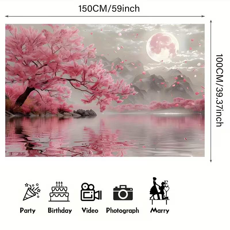 2D Monochrome Grey Tone Pink Sakura and Moon Landscape