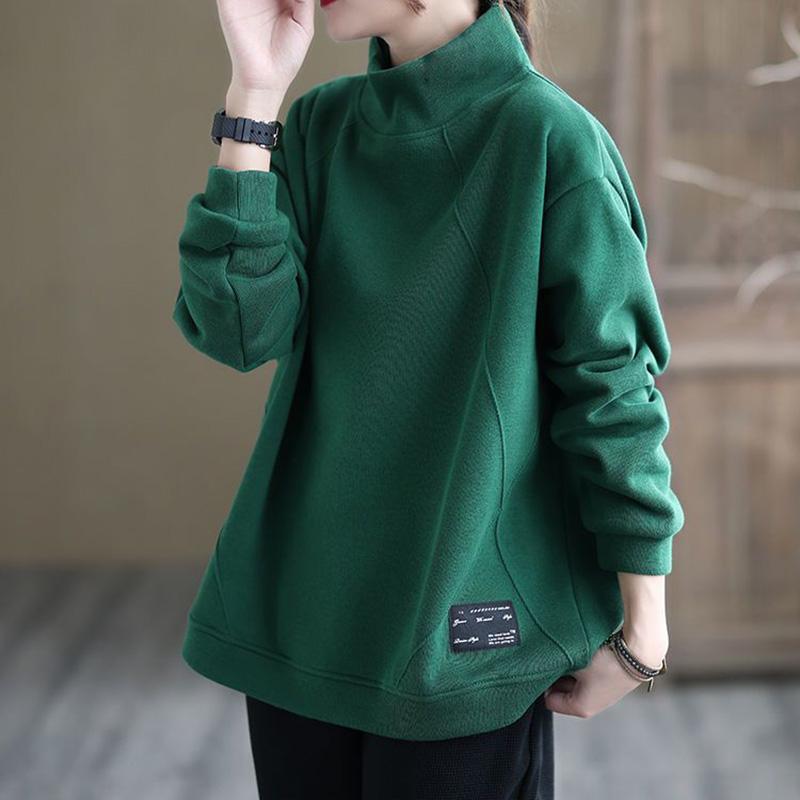 Свитшот для женщин, хлопковая свободная футболка большого размера с длинным рукавом, флисовая утолщенная удобная повседневная кофта с высоким воротом