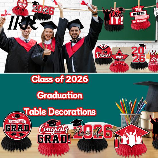 Waterproof Graduation Decorations 12Pcs 2026 Honeycomb Decor 3D Centerpieces for Commencement Party Red & Stars And Badges Black Theme