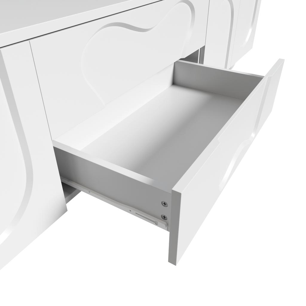 180 cm White TV Cabinet with Wooden Legs – A minimalist TV cabinet with storage space, unique design and flexible storage options.