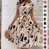 Summer Short Sleeve A Line Loose Casual Dress Women Fashion Elegant Slim Fit Vintage Pleated Women's Dresses Geometric Print Beach Lady Dress 26516