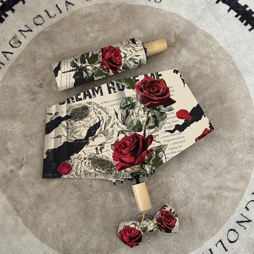 Rose Pattern Automatic Umbrella Three Folding Portable Folding Umbrella Lightweight Reinforced Frame Sun Protection Umbrella