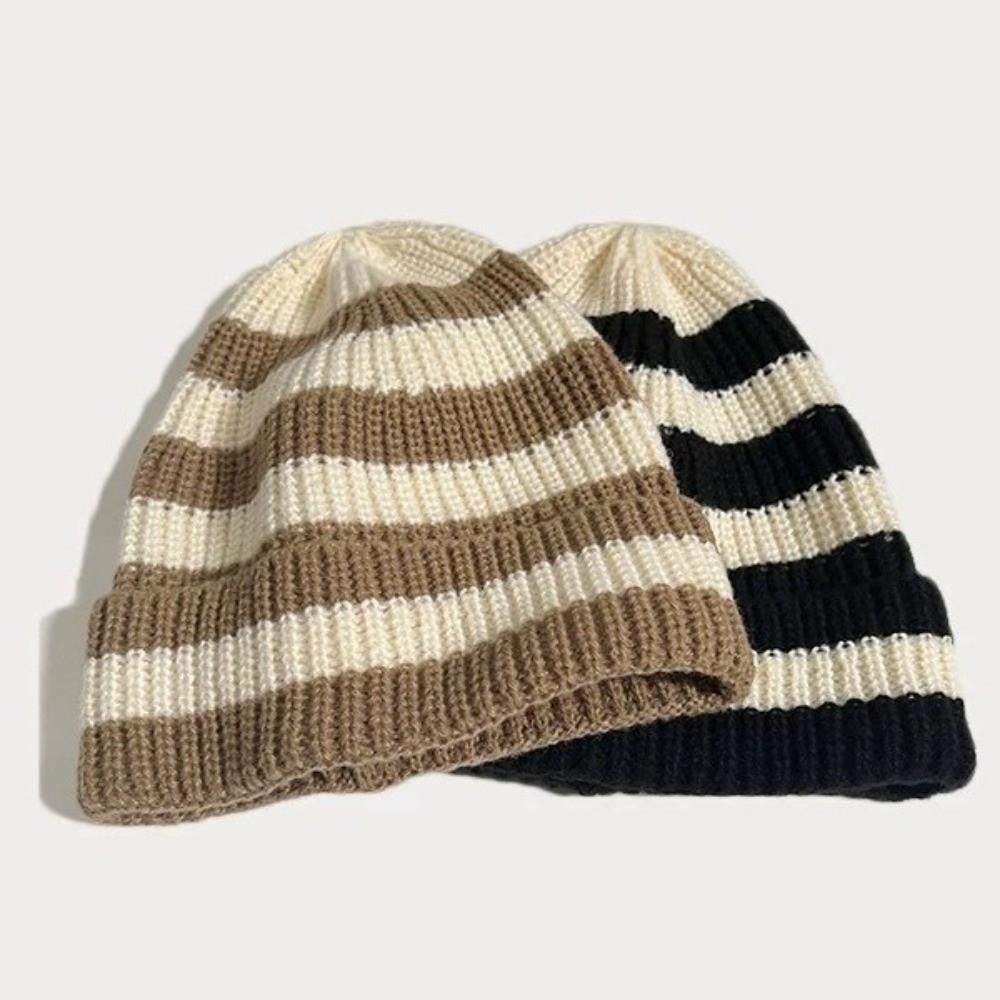 Thickened Winter Hats Stripe Knitted Hat Casual Bonnet Cap for Men Women