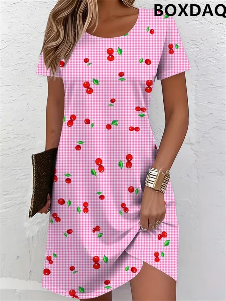 Women's 3d Fruit Cherry Pattern Printed Dresses Summer Fashion Short Sleeve Round Neck Loose Dress Casual Women's Daily Clothing