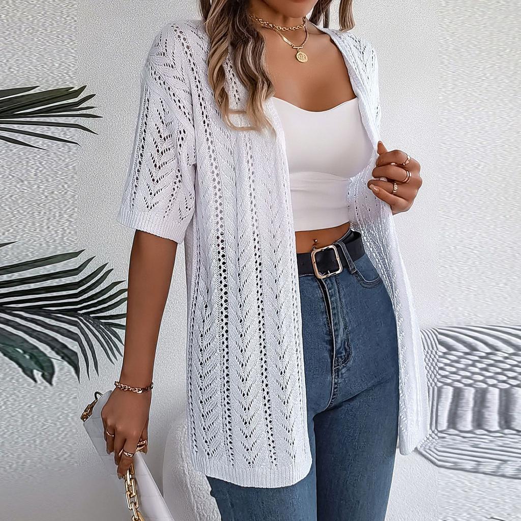 Женская модная повседневная трикотажная рубашка с короткими рукавами и солнцезащитным кремом для отдыха, однотонная куртка-кардиган