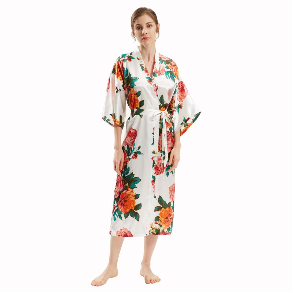 Comfortable Satin Homewear Simulation Silk Handpainted Peony Long Kimono Bathrobe Single Piece Cardigan Fashion Temperament Elegant
