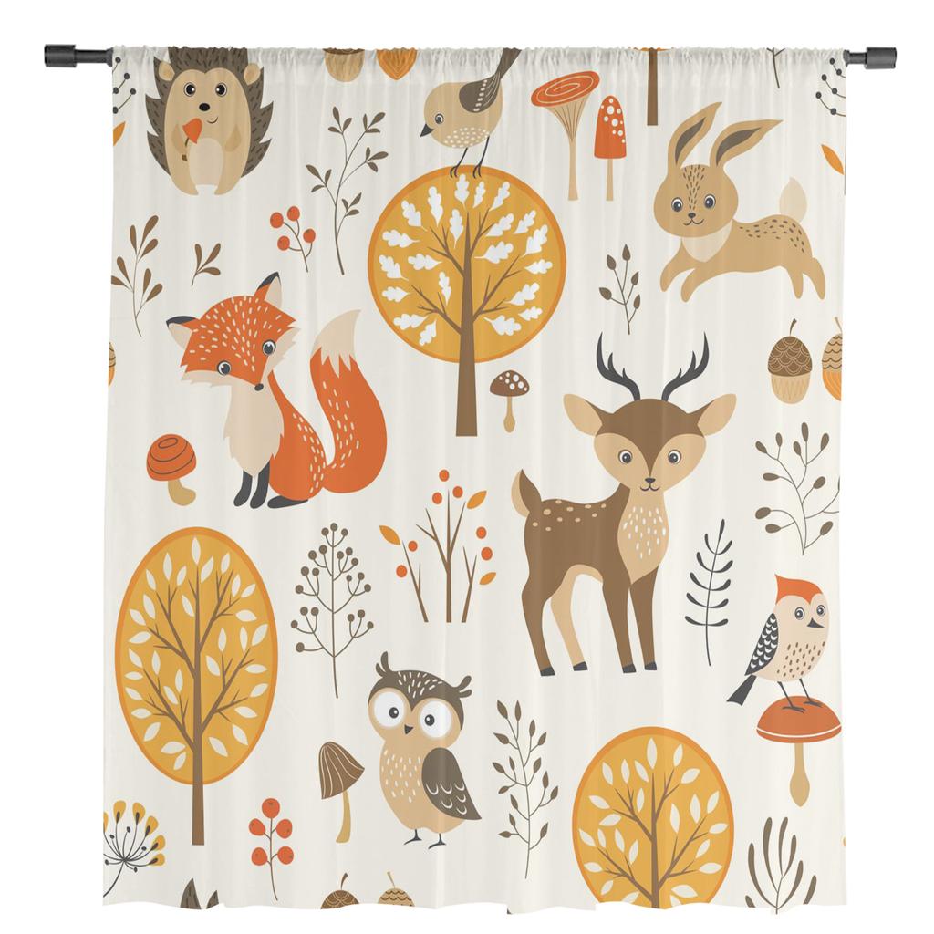 Autumn Forest Cartoon Animal Owl Fox Deer Sheer Curtains for Living Room Decoration Window Curtains Kitchen Tulle Voile Curtains
