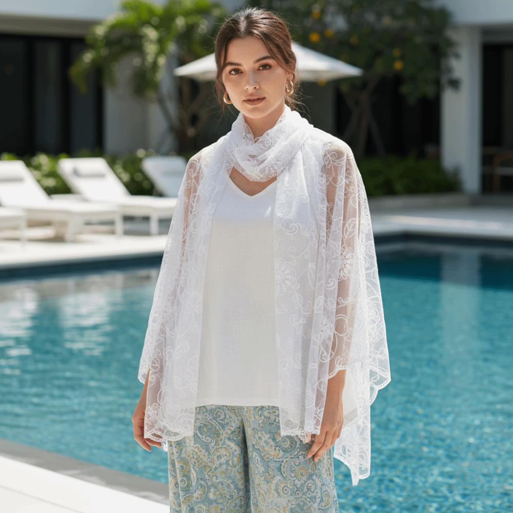 Lightweight Sheer Shawl Embroidered Mesh Stole Neck Wrap Floral Headwrap Sun Protection
