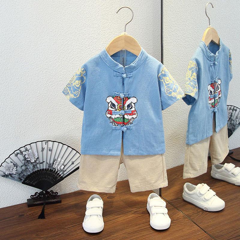 Летний костюм ханбок для мальчиков в стиле «цветение сливы», ретро-детский костюм в стиле Тан, летний костюм для мальчиков и детей в старинном стиле, из хлопка и льна, тонкая секция из пеньки в китайском стиле