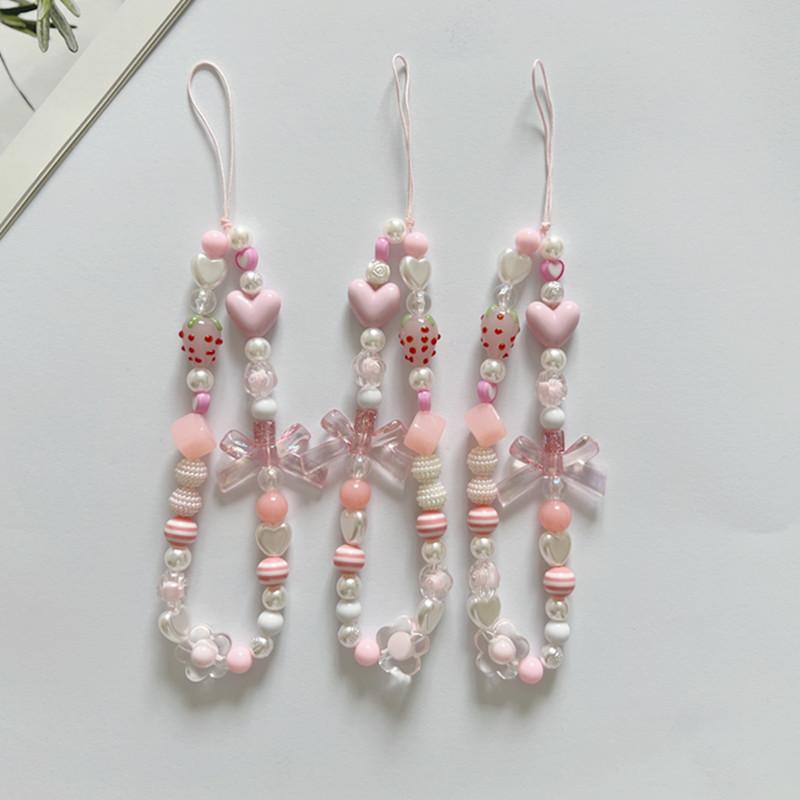 Сладкий и милый розовый клубничный мобильный ремешок, цепочки для телефона для женщин, жемчужная цепочка, подвеска-шарм для телефона, брелок, шнурок от потери, украшения