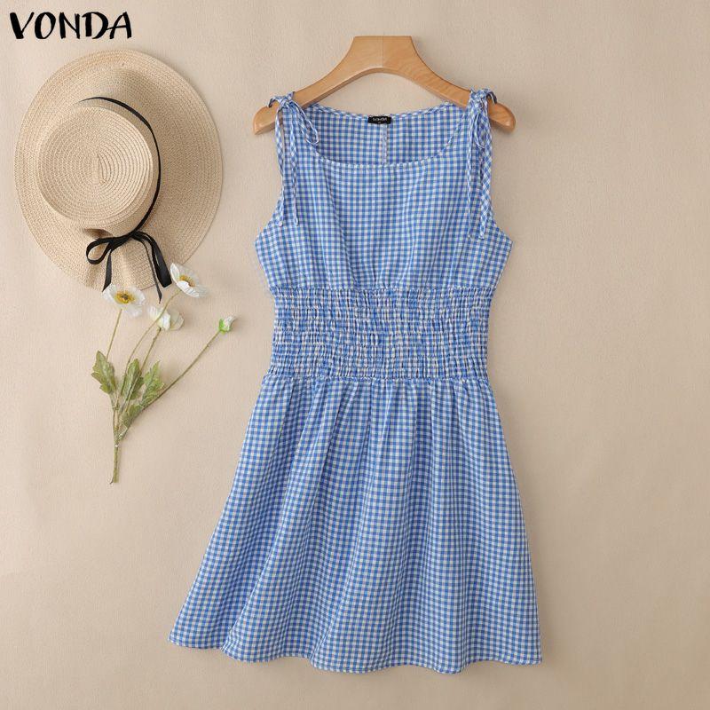 VONDA Women Sleeveless Elastic Waist Plaid Print Ruffled Casual Mini Tank Dress