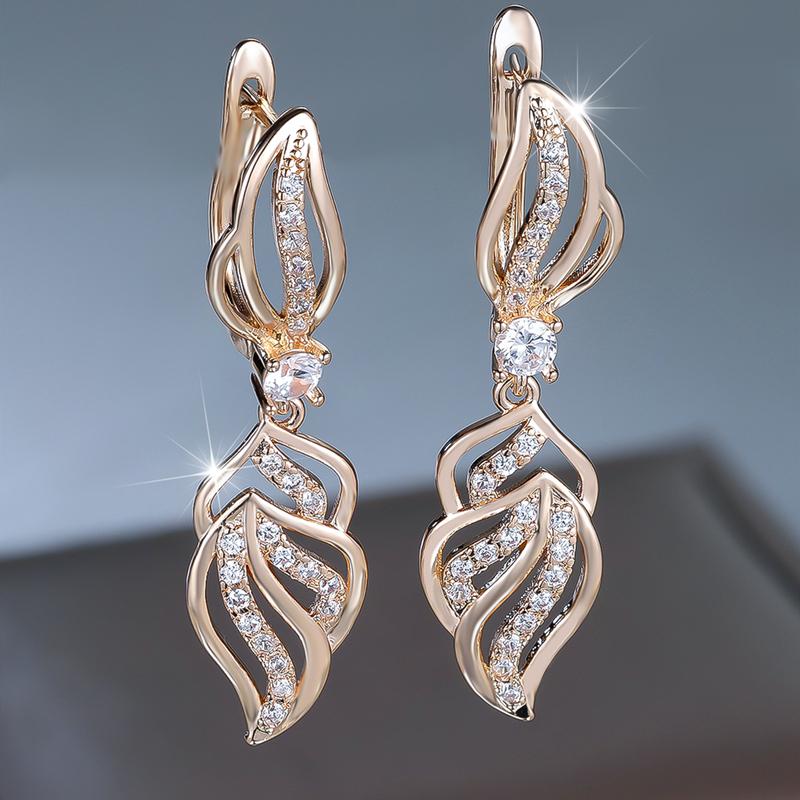Exquisite Zircon Hollow Leaf Drop Earrings for Women Luxury Gold Color Long Dangle Earrings Wedding Party Jewelry