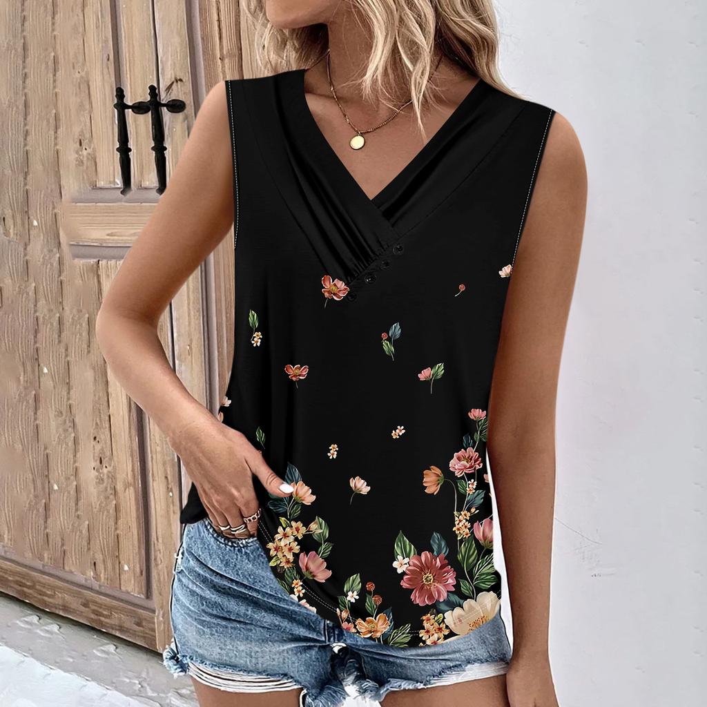 Summer Womens Tank Tops V Neck Casual Printed Sleeveless Shirts Casual Loose Fit Pleated Tshirts Tees Ladies Blouse
