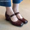Women Mary Jane Leather Shoes Chunky Shallow Square Toe Mid Heels Sandals Woman 2024 Trend Autumn Retro New Pumps Mujer Zapatos