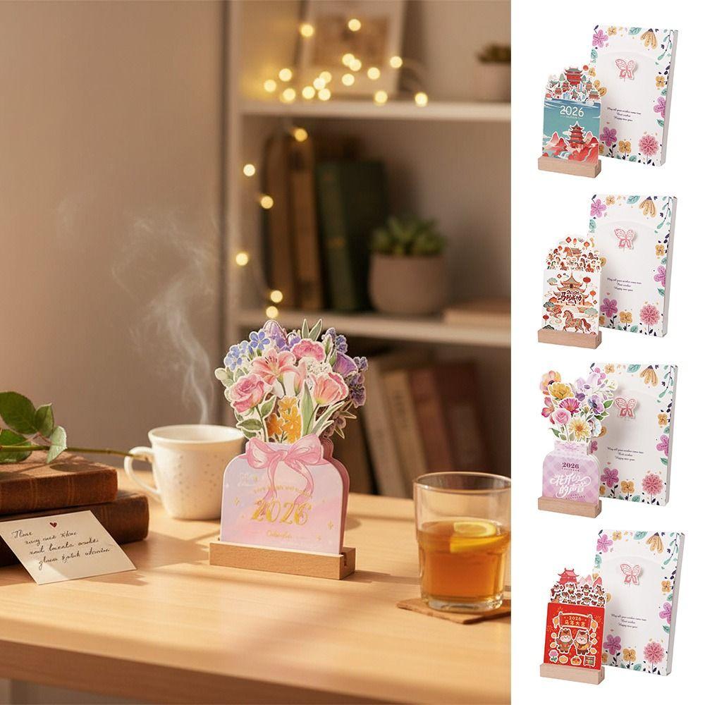 Detachable Base Bloomy Flowers Desk Calendar Wooden Base Monthly Planner for Table Desk Decor