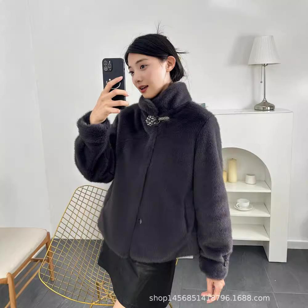 Новая зимняя пушистая куртка из норки, бархатная цельная меховая куртка, утолщенная модная куртка с воротником-стойкой для мам из норки, бархатная