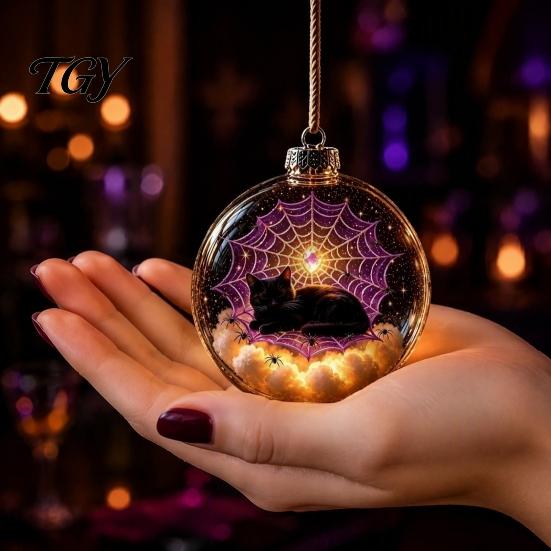 Spooky Pumpkin Ball Decor Halloween Clear Hanging Decoration, Glowing Sphere Ornament with Skeleton, Transparent Pumpkin, Spider Web, Black Cat Decor,
