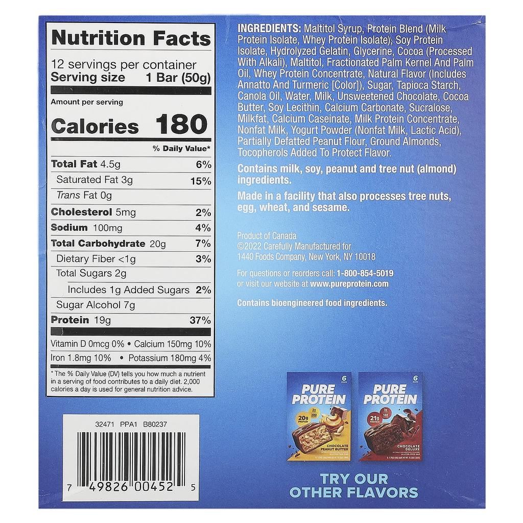 Pure protein Gluten-Free Bars, Chocolate Mint Cookies, 12 Bars, 1.76 Oz (50 G) Each