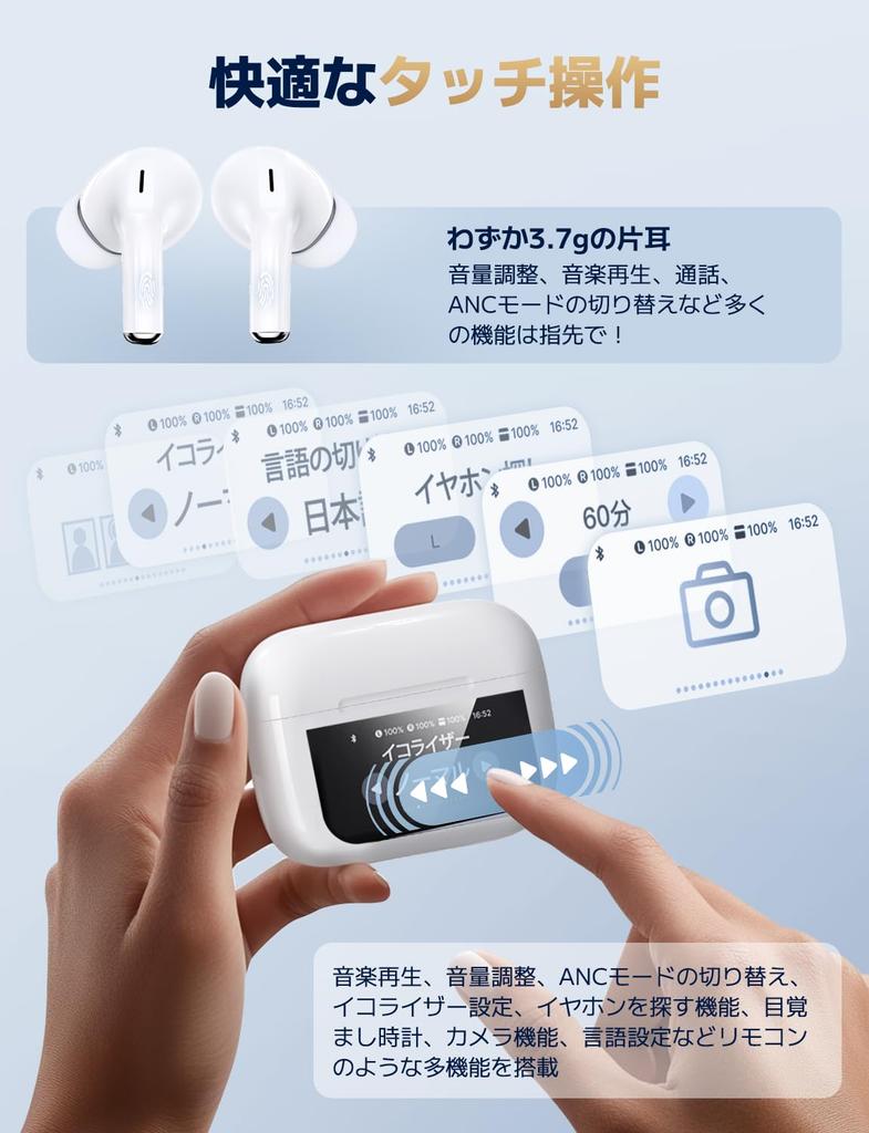 Bluetooth Earphones New Concept Touch Touch per Small and Lightweight [2026 Model, ANC, Multi-Function Panel] Display, 3.7g earbud, (White)