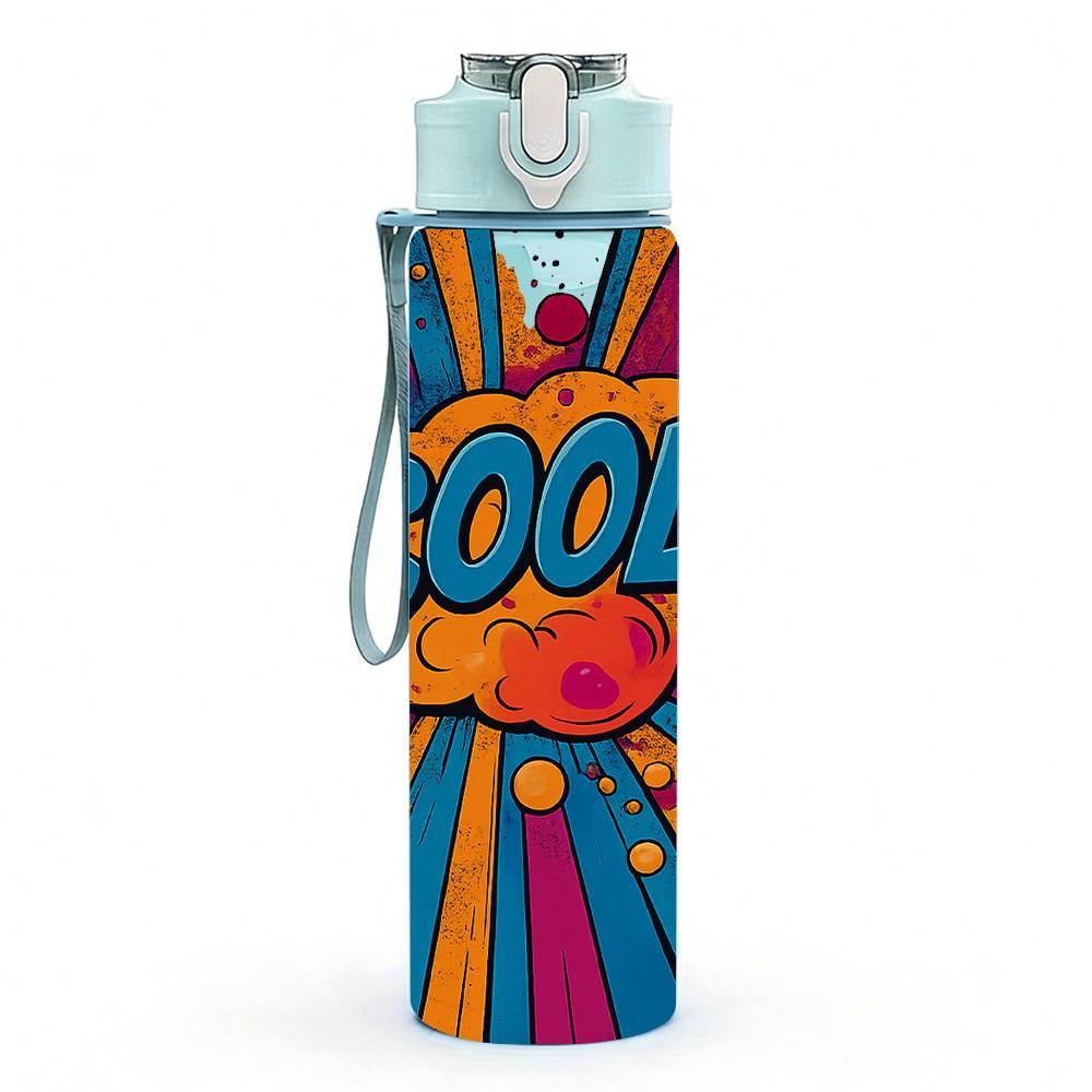 1PC Cool Burst Pop Art Text 750ml Color Plastic Sports Water Bottle Leakproof Flip Straw Lid Suitable for Sports Office Home Use