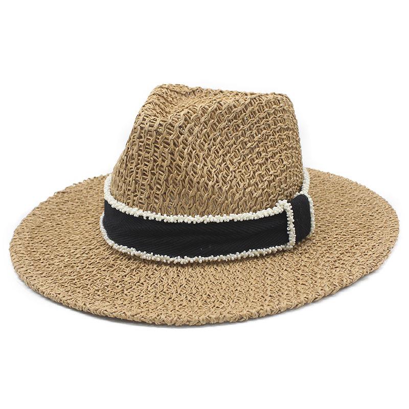 New product Xiaoxiangfeng hollow top hat beads ribbon British style handsome straw hat beach vacation sun hat