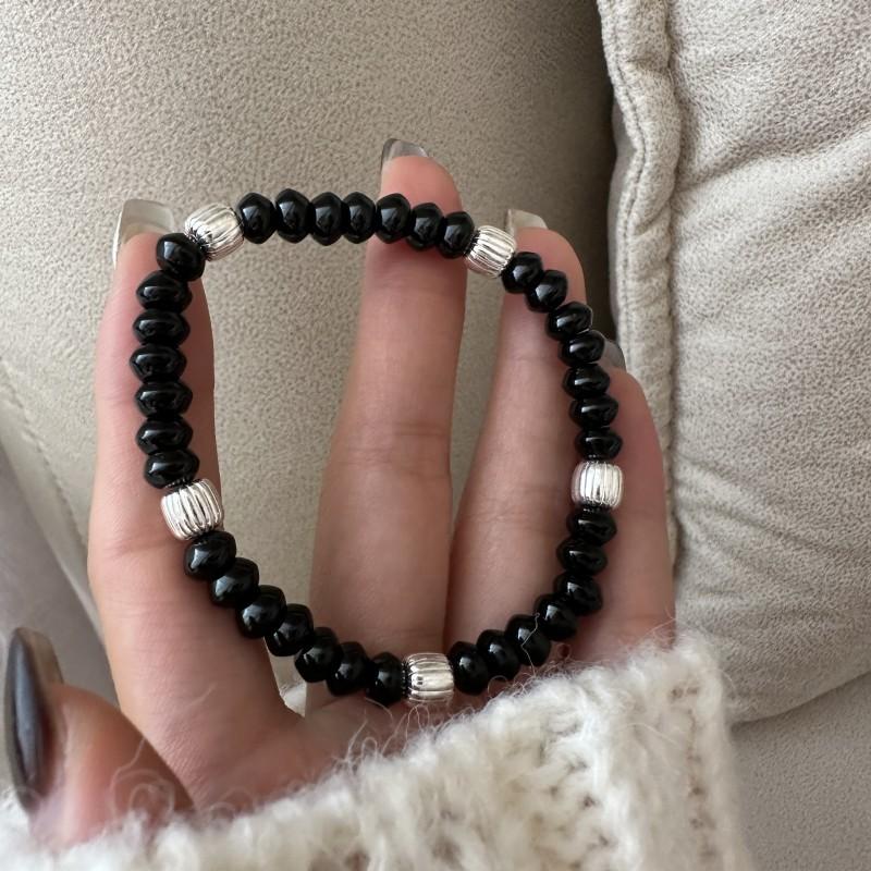 Handmade 925 Sterling Silver Black Agate Beads Beaded Bracelet for Women Vintage Jewelry